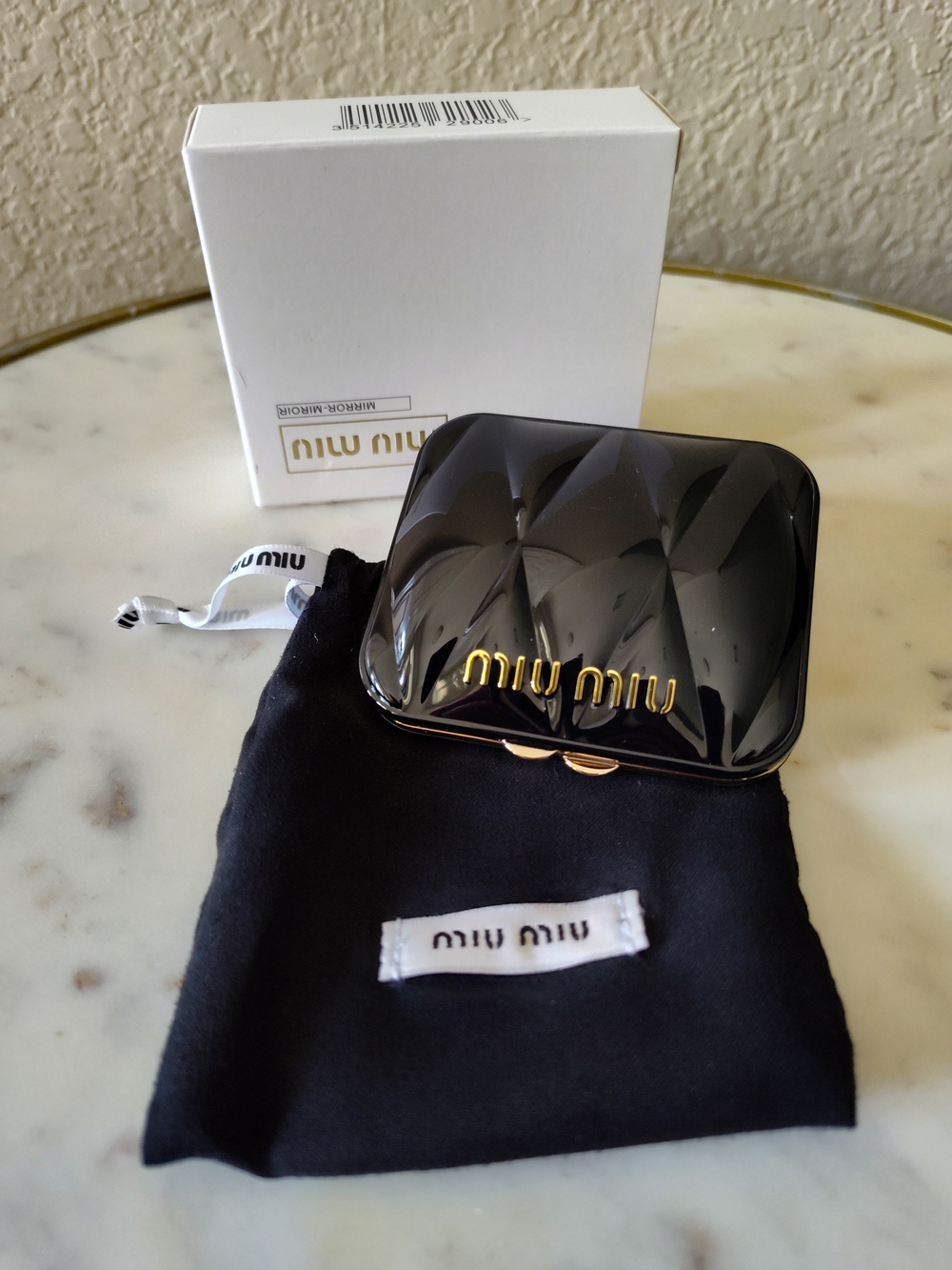 MIU MIU Black Faceted Mirror Compact Case NIB w Dust Bag Box Vanity Gift